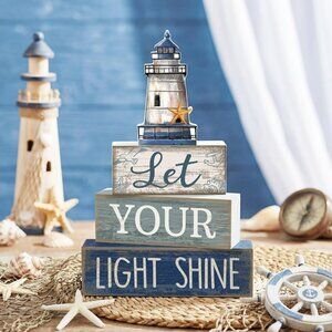 Lighthouse Beach Coastal Table Decor Wooden Decoration with Starfish Summer 4 pc